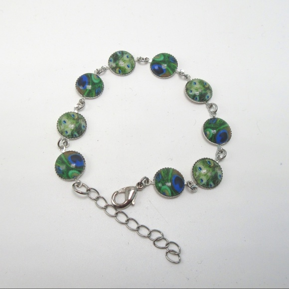 Peacock print photo glass chain link bracelet in silver tone setting - NEW - Picture 3 of 6
